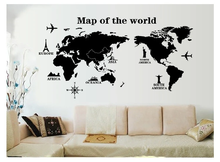Качество черный карта мира настенные наклейки мужчины декора home decor современный