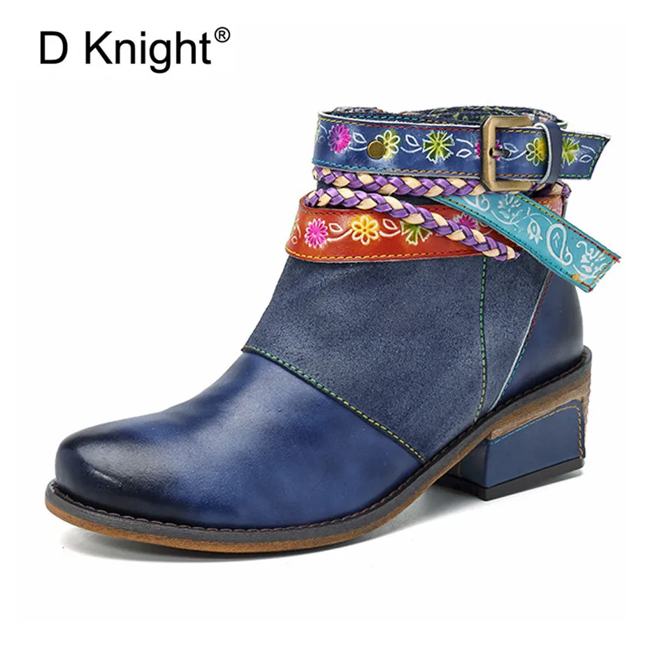 

D Knight Vintage Bohemian Ankle Boots Women Shoes Side Zip Med Heels Ladies Shoes Woman Autumn Boot Genuine Leather Women Boots