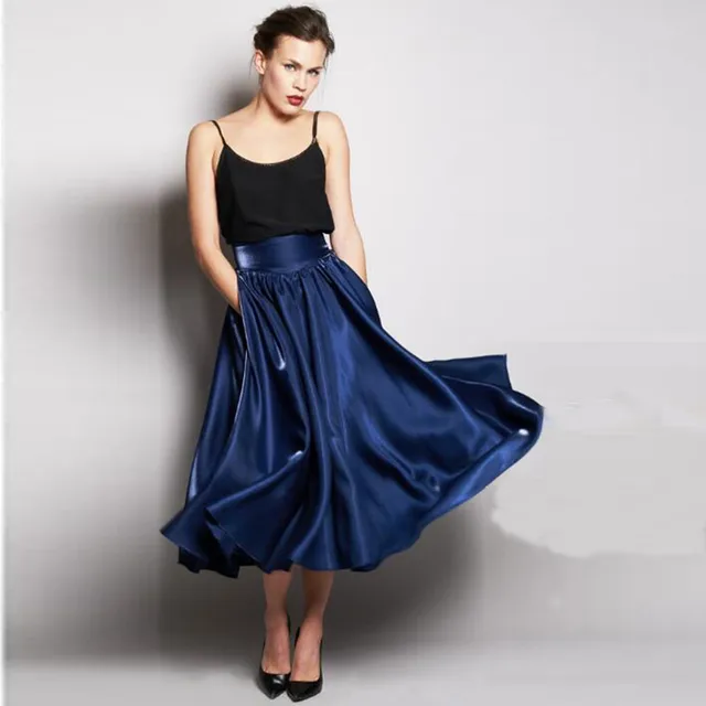 Simple Royal Blue Pleated Silk Satin Skirts Tea Length High Waist A