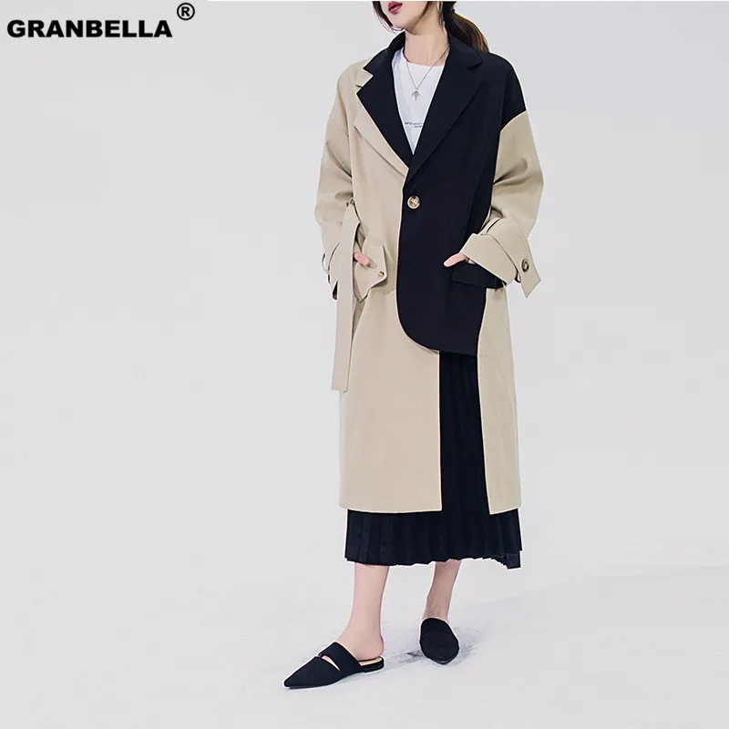 

Original design women irregular patchwork blazer style trench coat 2019 New Mid-long Khaki Slim Belt Cloak Mujer Windbreaker