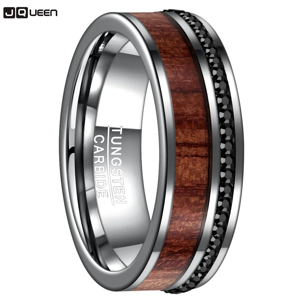 

New Arrival 8MM Black Crystal Tungsten Steel Ring Full Size 7-12 Polished Plane Bevel Inlaid Wood Grain Ring