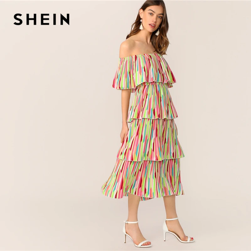 SHEIN летнее платье в разноцветную полоску, с открытыми плечами, с многослойной оборкой, женские элегантные вечерние платья