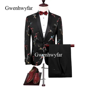 

Gwenhwyfar Chinese Elegant Plum Blossom Pattern Men Costume Homme 2019 Jacquard Black Shawl Lapel Party Suits Slim(Jacket+Pants)