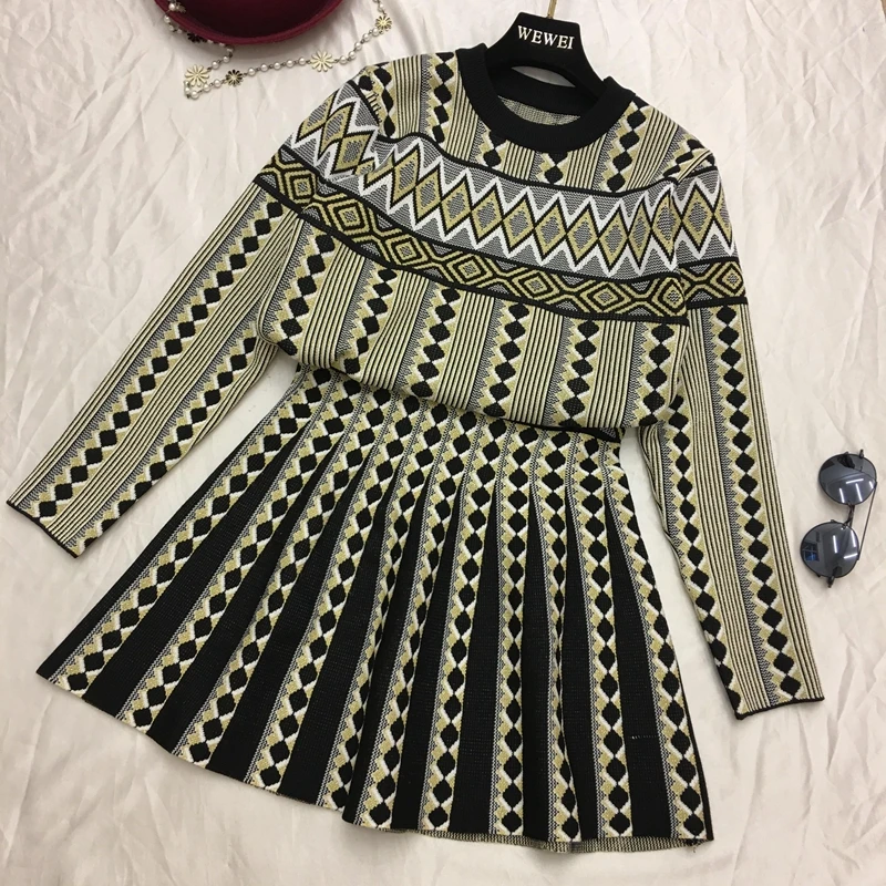 

Women Vintage Knit O-Neck Sweater Skirts Sets Geometric Printed Female Woman Knitting Clothing Suits