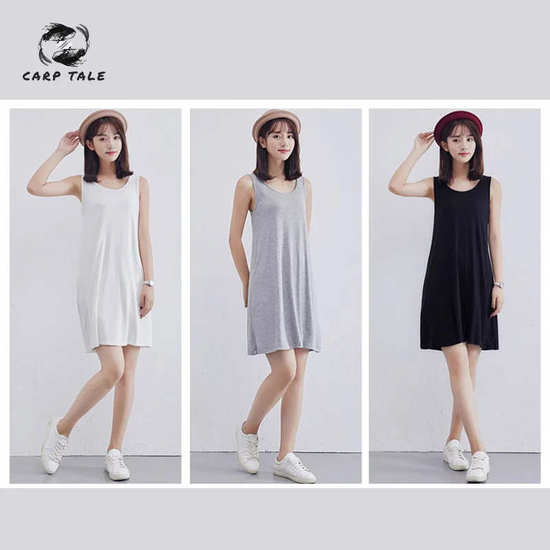Image Summer 2019 New Women Fashion Simple Casual Solid Sleeveless Dress Sexy Slim Stitching CARP TALE Dresses Female