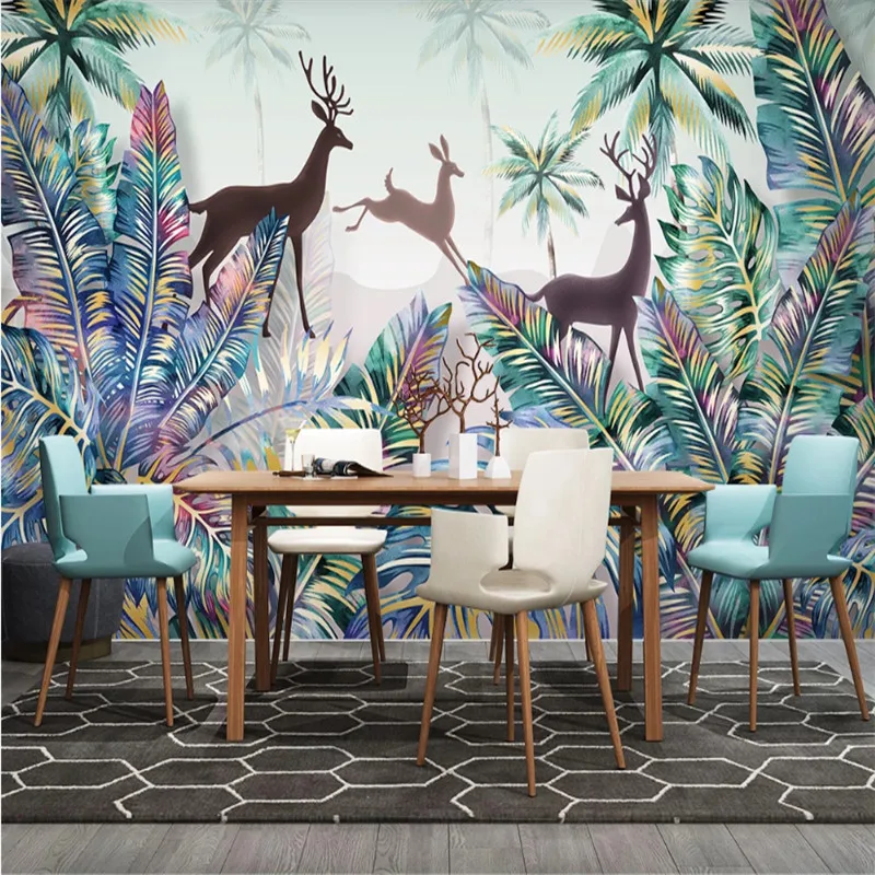 Custom 3d wallpaper mural hand-painted Nordic forest animal tropical plant landscape wall - high-grade waterproof material Custom 3d wallpaper mural hand-painted Nordic forest animal tropical plant landscape wall - high-grade waterproof material