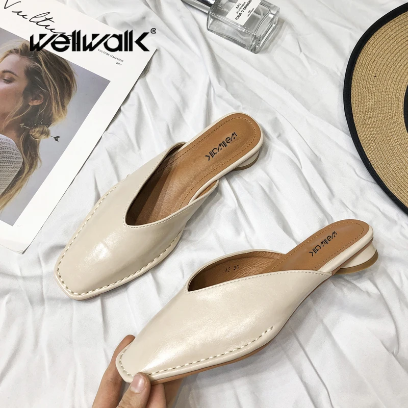 

Wellwalk Brand Designer Home Slippers Ladies Square Toe Shoes Women Mules Summer Slides Sewing Open Back Loafers Office Lady