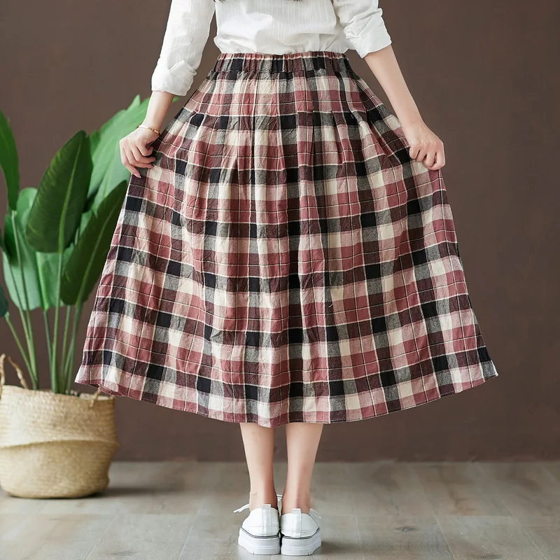 KYQIAO jupe femme women autumn spring Japanese style brief elegant long elastic waist plaid skirt faldas mujer moda