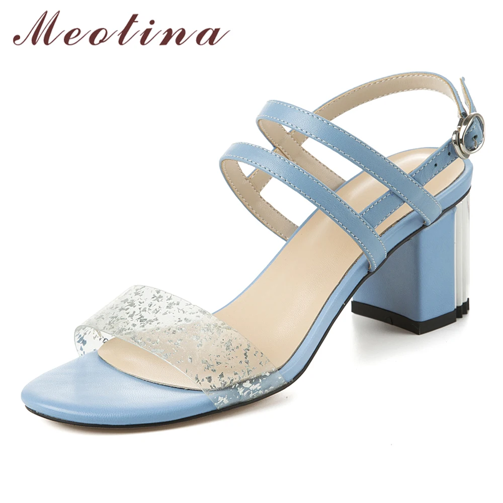 

Meotina Women Sandals Summer Shoes Natural Genuine Leather Buckle Chunky Heels Shoes Transparent Open Toe Sandals Lady Size 3-9
