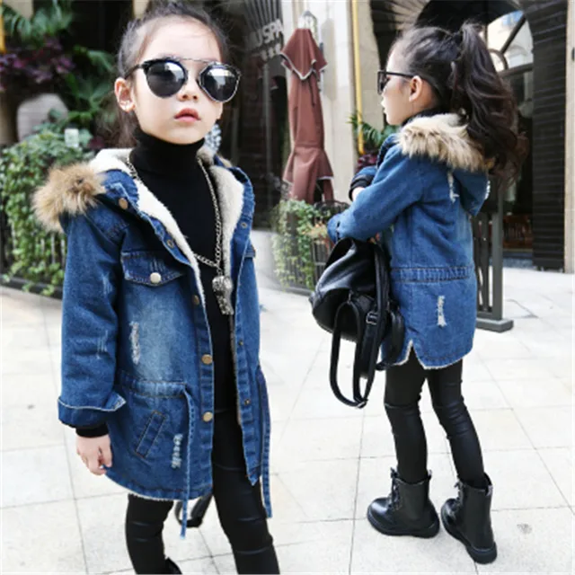2018 new winter kids girls denim jacket children plus thick velvet