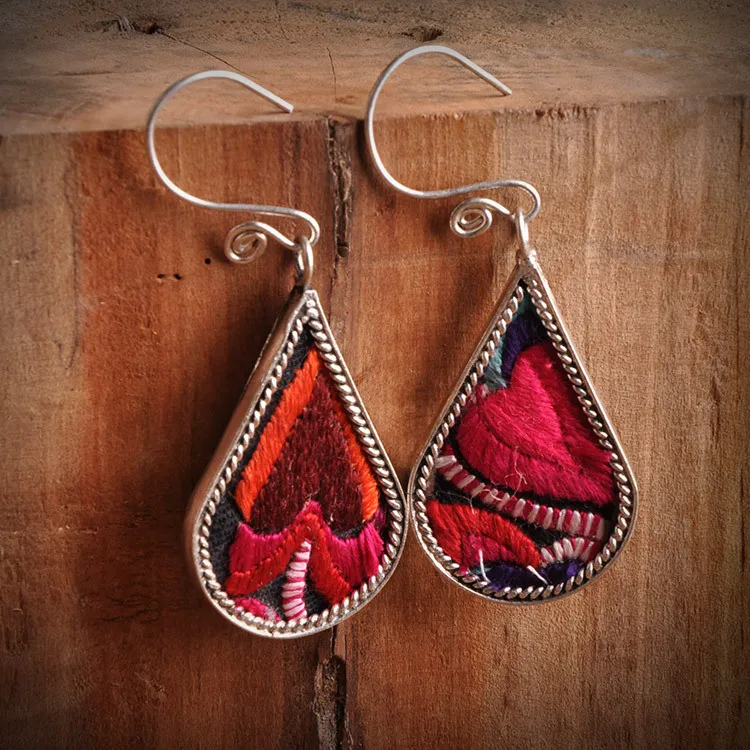

HOT SELL - national ethnic style embroidery earrings creative personality Miao silver plated embroidered dangle jewelry wh -Top