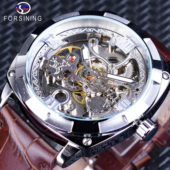 

Forsining New Silver Skeleton Clock Brown Genuine Leather Water Resistant Automatic Self-winding Watches for Men relojes hombre