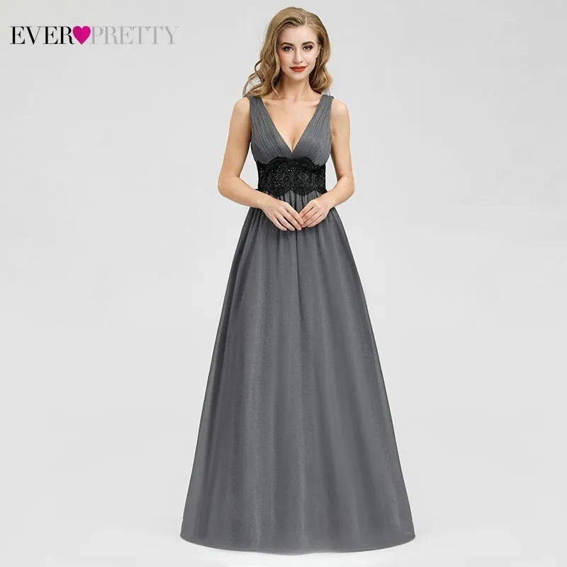 Elegant Grey Evening Dresses Long Ever Pretty EP07880GY A-Line V-Neck Beaded Formal Party Dresses Vestidos De Fiesta De Noche