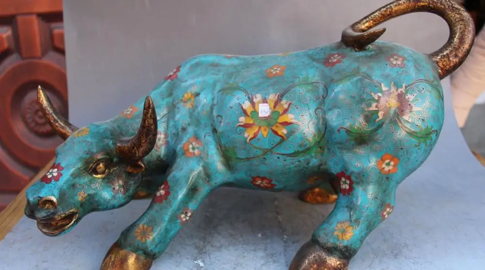 

17" Marked Chinese Cloisonne Enamel Gilt Flower Animal Bull Oxen Ox Sculpture