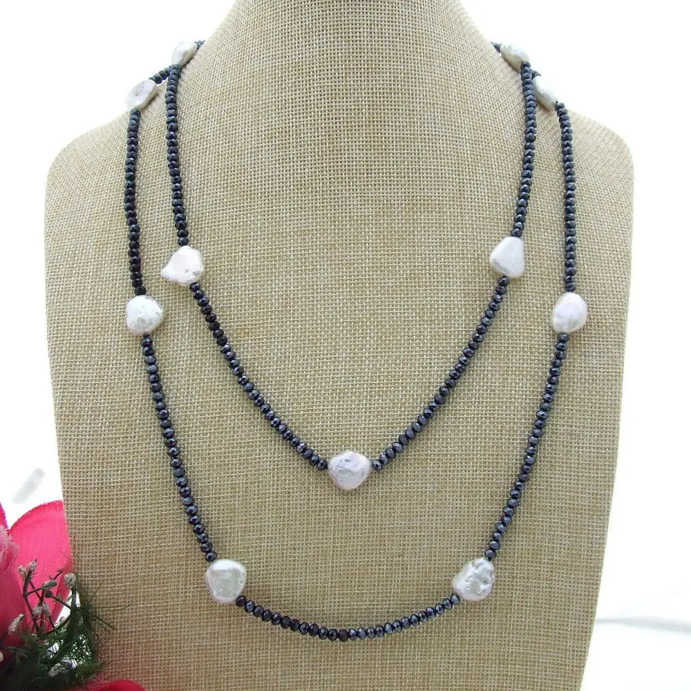 FC091411 48'' White keshi Pearl Black Crystal Long Necklace
