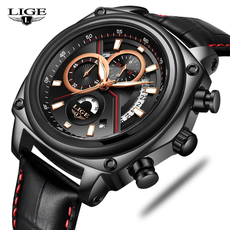 

LIGE Top Luxury Brand Men Army Military Watches Men's Quartz Date Clock Man Leather Strap Sports Wrist Watch Relogio Masculino
