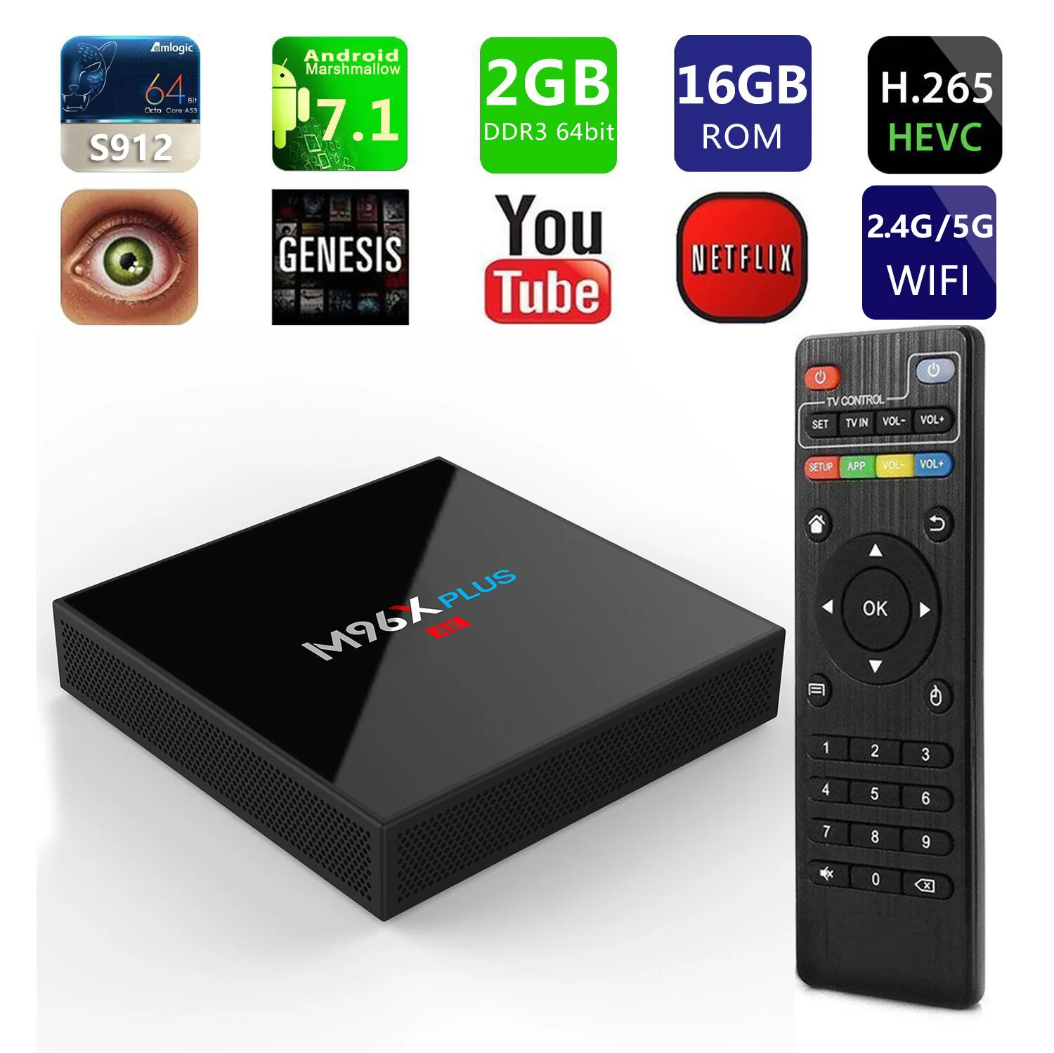 

M96X PLUS TV Box Android7.1 Amlogic S912 64 bit Octa core 2GB 16GB 2.4G+5G Wifi BT4.0 LAN1000M 4K Set-top Boxes Media Player