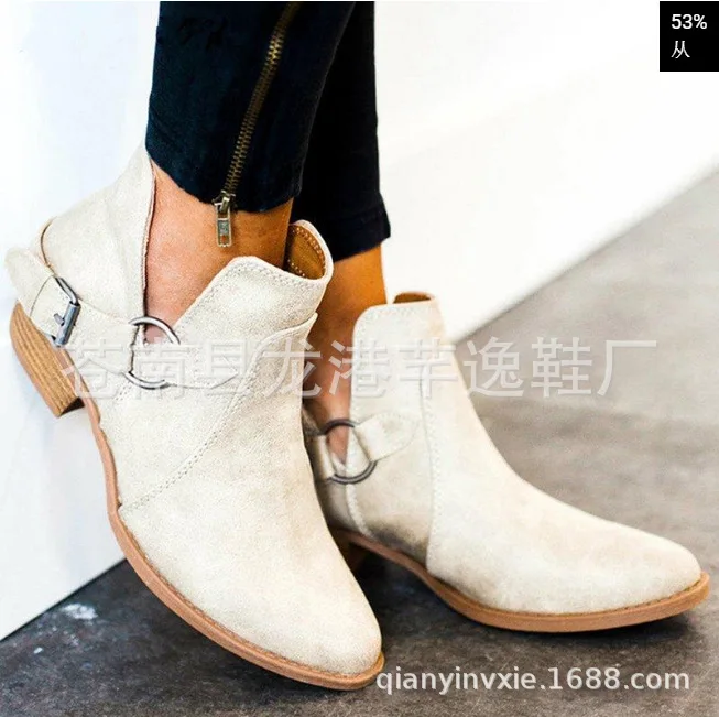 

Pointed Toe Med Square Heel Vintage Boots Women Ankle Buckle Strap Gladiator Boots Office Career Winter Shoes Plus Size