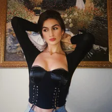 Винтажные черные короткие топы с длинным рукавом, женские модные атласные лоскутные футболки на шнуровке для девочек, весенне-осенние повседневные вязаные топы Femme