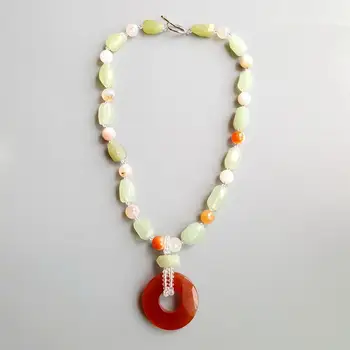 

Lii Ji Real Agate Green Jade Beads with White Crystal Beads Pendant Necklace Toggle Clasp Necklace 56m