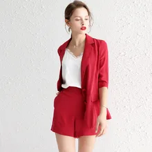 Burgundy Womens Silk Suits Blazer with Shorts Summer 2019 Chic Two Piece Set Top and Pants Vogue Office Ladies High Quality Coat