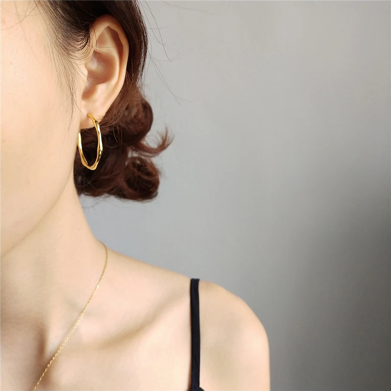 

925 Sterling Silver Earrings Irregular Circle Design Hoop Earring Gold Color Mother's Day Gifts Women Jewelry Short Hair Earring