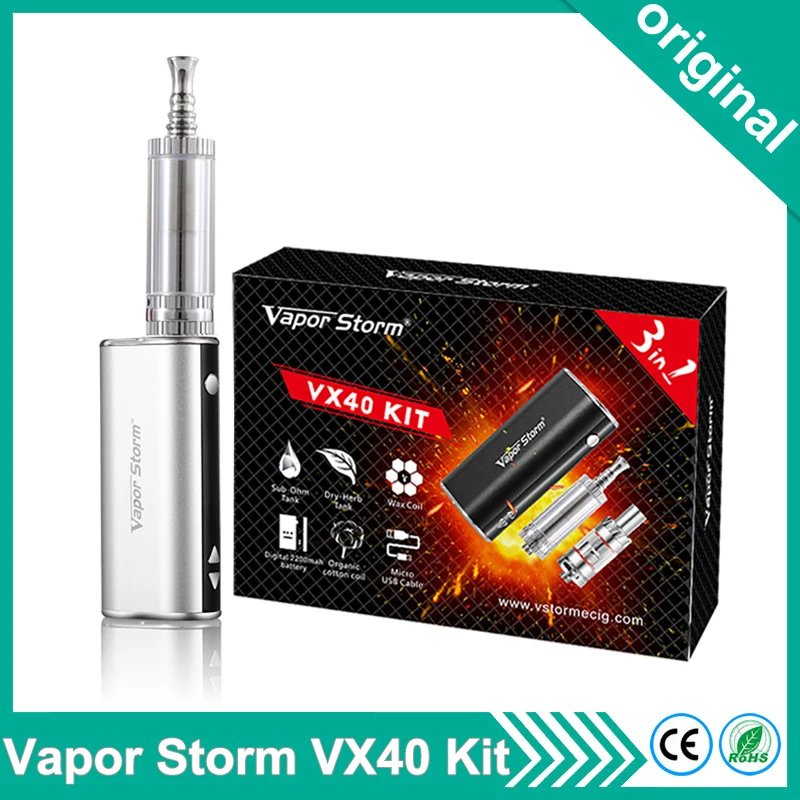 

3-in-1 Original Vapor Storm VX40 40w Electronic Cigarette Kit 2200mah battery TC Box Mod Vape oil Wax Dry herb Vaporizer Kit