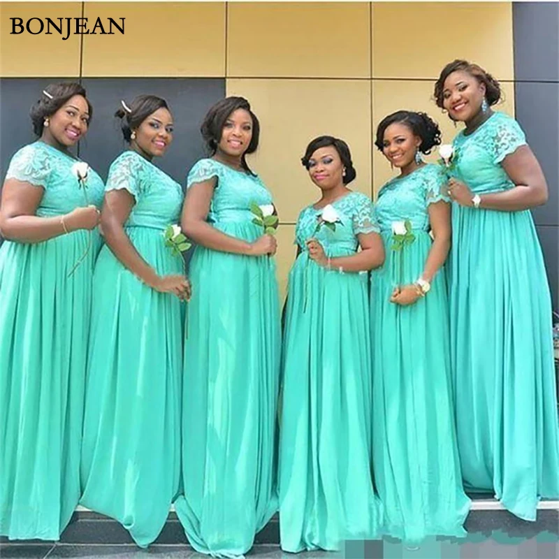 Bridesmaids Dresses 2019 Mint Green Chiffon Lace Maid of Honor Gowns Custom Made Cap Sleeves A Line Long Bridesmaid Dress Bridesmaids Dresses 2019 Mint Green Chiffon Lace Maid of Honor Gowns Custom Made Cap Sleeves A Line Long Bridesmaid Dress