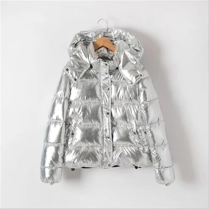 

2019 New Brand Hoody Women's Winter Jacket Metal Glossy Parkas Short Down Jackets Female Space Cotton Female Outwear Silver 68