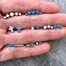 7 пар/компл. в богемном стиле с цветочным узором; с перекрестными круглый в виде геометрических фигур драгоценный камень Серебряные серьги комплект Для женщин Изысканная одежда ювелирные изделия