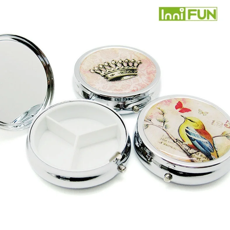 1PCS Portable Metal Round Flower Print Organizer Cute Compartment Pill Case Divid Storage Tablet Container Medicine Box