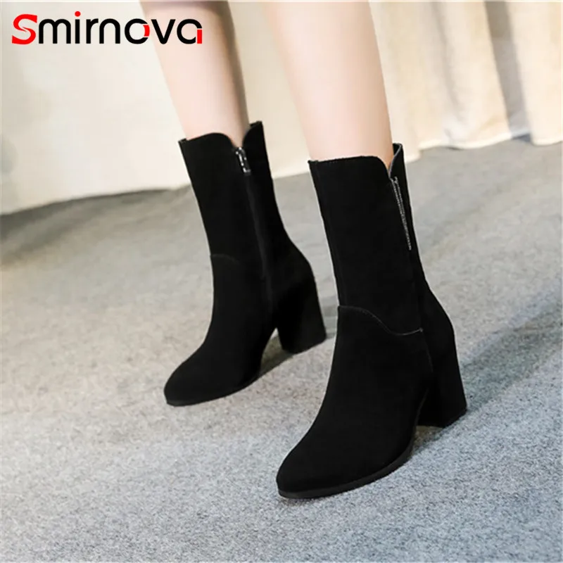 Señoras Vaca Ante De Tacones Del Pie Botas Smirnova Punta Cuero Negro Invierno Tobillo Clásico La 2018new Otoño Cremallera Mujer Dedo Altos Ewv6q47