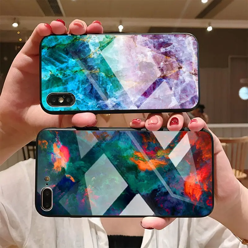 Hisomone Marble Phone Case On For Huawei Honor 9 Lite Texture Tempered Glass Back Case Cover For Huawei P Smart P20 Lite