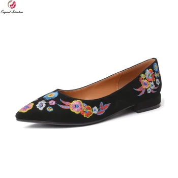 

Original Intention Elegant Women Flats Embroidery Kid Suede Pointed Toe Flat Shoes Ladies Black Shoes Woman Plus US Size 3-10.5