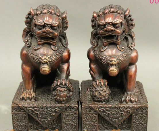 

bi003433 FengShui Chinese Bronze Folk Auspicious Guard Foo Fu Dog Door Lion Statue Pair
