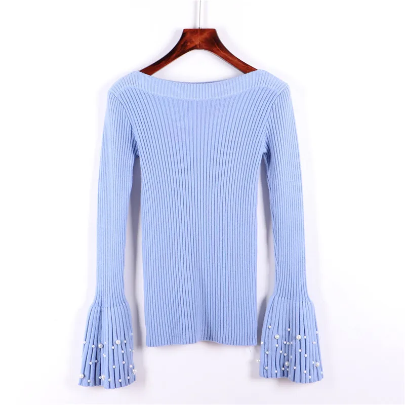 2019 Autumn Women Thick Sweater Warm Outerwear New Style Fashion Beading Sleeve Pullover Winter Slash Neck Sweater Female D215
