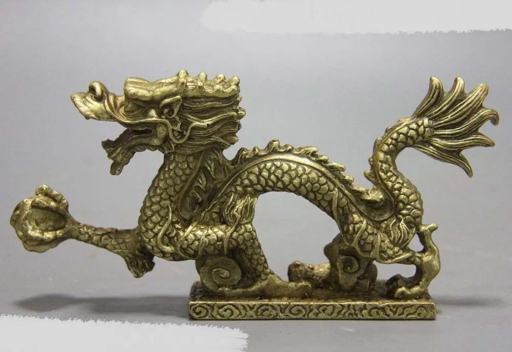 

China brass sculpture mythical creatures fine Feng Shui dragon play bead Statue DD