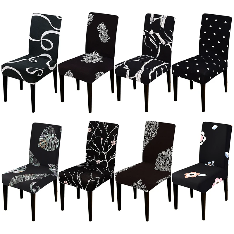 Black Color Chair Cover Stretch Universal Dining Seat Covers Printed ...