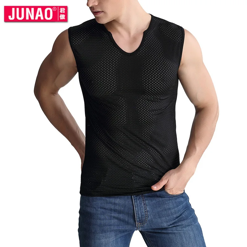 Underwear Men Vest Wide Shoulder Casual Tight Quick-drying Mesh Sleeveless Breathable Bottoming Shirt JunAo | Мужская одежда