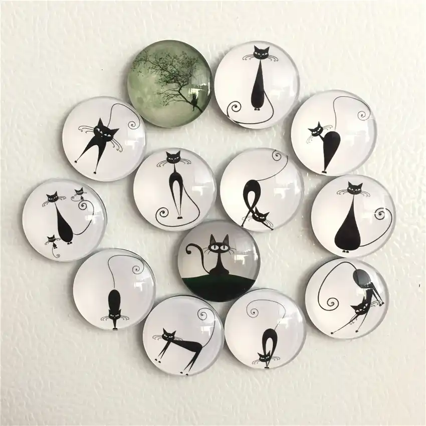 Бесплатная доставка 13 шт. милый черный кот круглый магнит для холодильника мультфильм животных на холодильник, для заметок наклейка шкафчи...