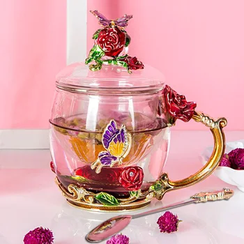 

301-400ml Creative Rose Enamel Cup Office Drinking Cup Household Tropical Glass Tea Cup Set Activity Gift