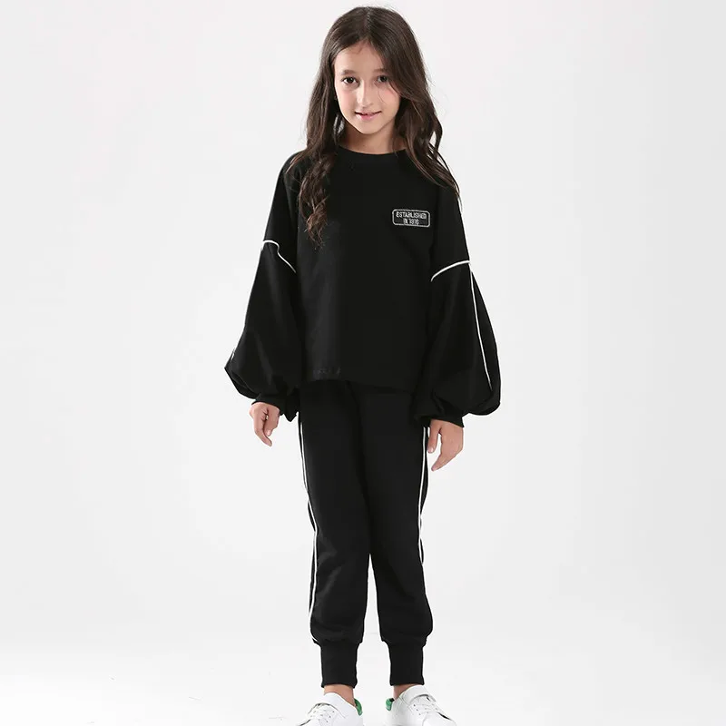 

Tanggetu 2018 Spring Girls Clothes Autumn Female Baby Suit Korean Fashion Two Pieces Sweater Pants Solid Girls Black Choth