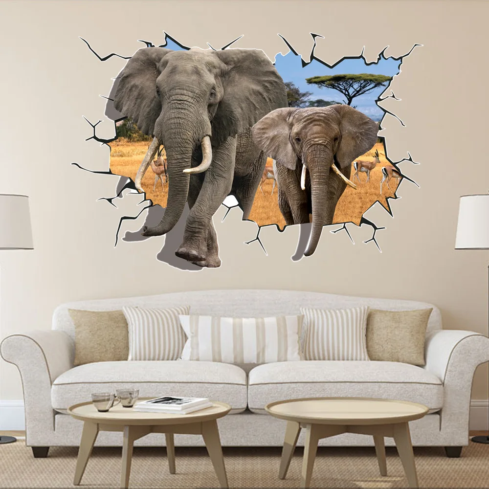 Us 8 51 29 Off 8006 Hot Selling Delicate African Animal Removable 3d Dual Elephant Wall Sticker Home Kid Room Art Decal Mural Decor 70 100cm In Wall