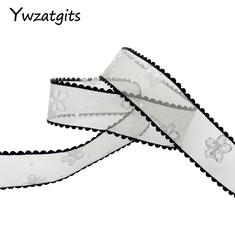 Ywzatgits 5/6 ярдов/партия 25 мм цветочный принт органза лента отделка Кружева DIY вечерние подарочная упаковка лук ремесла аксессуары YP0112 - Цвет: C1 Black 5y