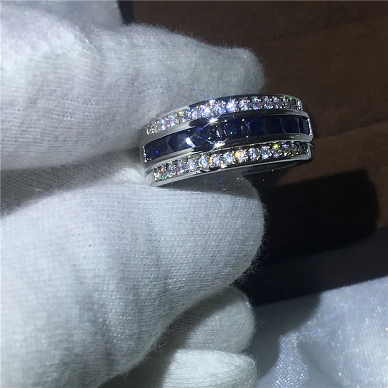 

Luxury Engagement Wedding Band Rings for men Blue AAAAA zircon Stone White Gold Filled male Party ring jewelry