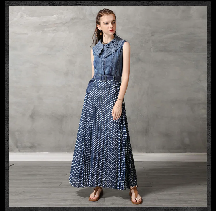 Vintage Summer Long Dress Women Sleeveless Turn Down Collar Blue Dot Patchwork Chiffon Denim Dresses W/ Belt