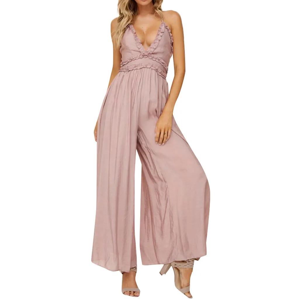 2019 Summer Bohemian jumpsuit Women Sexy Fashion Sleeveless V Neck Solid Ruffle Loose Sling Playsuit Jumpsuit L413A 2019 Summer Bohemian jumpsuit Women Sexy Fashion Sleeveless V Neck Solid Ruffle Loose Sling Playsuit Jumpsuit L413A