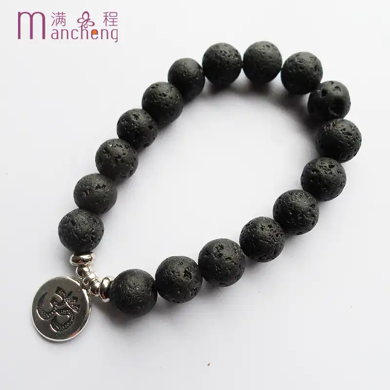 Colorido piedra de lava volcánica cadena de plata pulsera con dijes elástica con cuentas 10 mm