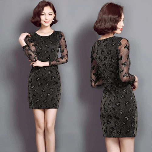 Women Dress 2017 Spring Black Lace Dress o Neck Full Sleeve Print