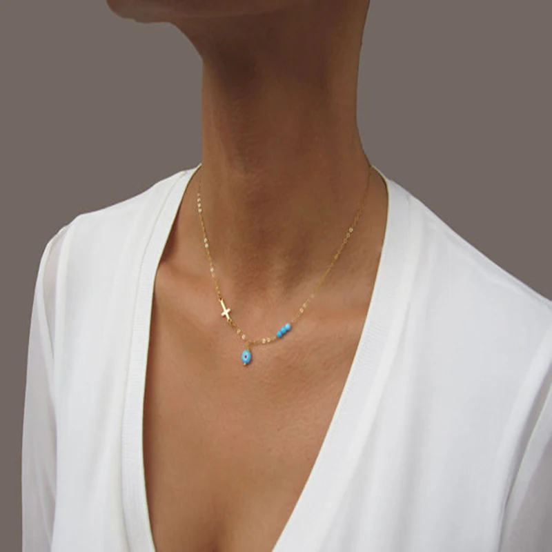 

August new fashion cross clavicle chain women's pine stone necklace